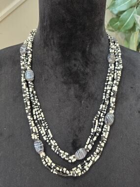 Multi Strand Black White Beaded Statement Necklace Gray Stone Accents